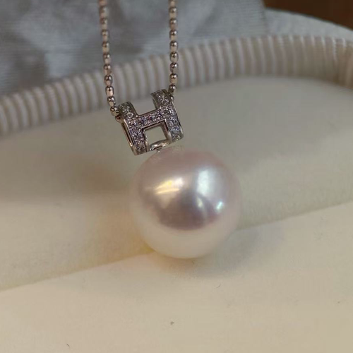 铂金PT900锆石10-12mm淡水珍珠吊坠配件精致小H设计裸珠挂件空托