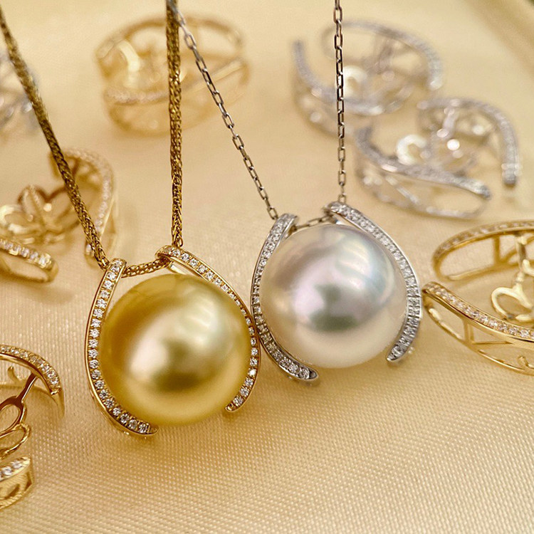 18k黄金色锆石12-13mm海水珍珠吊坠配件优雅括号圆形裸珠底托空托