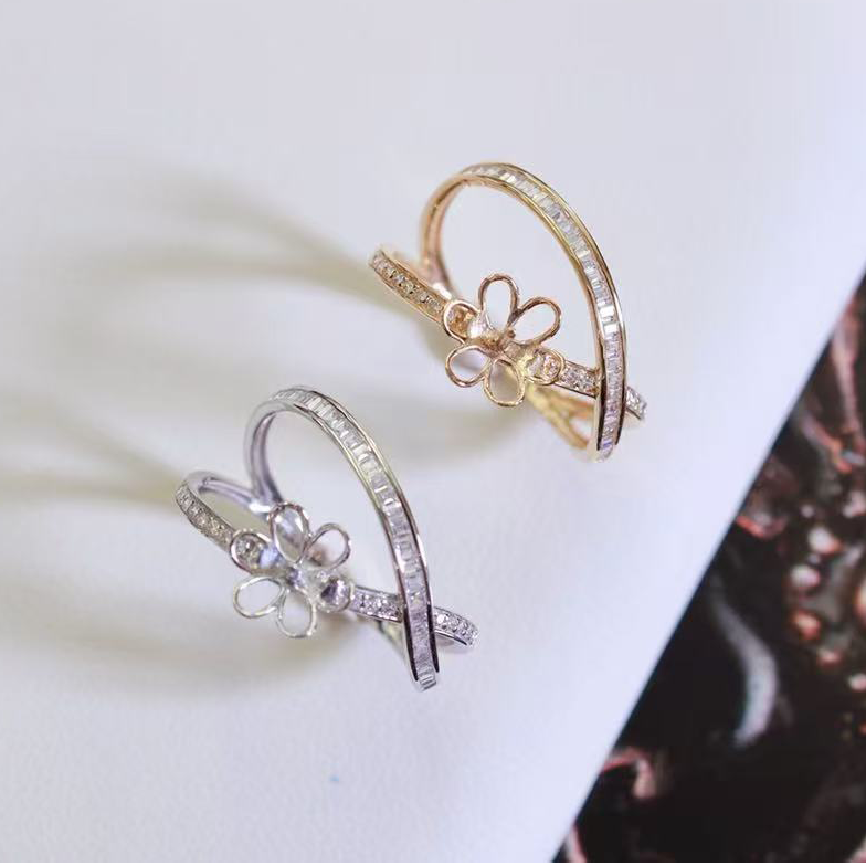 18k金锆石7-9mm淡水珍珠戒指配件经典交叉环绕设计圆形裸珠戒托