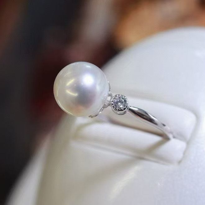 18k金锆石9-10mm淡水珍珠戒指配件简约大气百搭款裸珠diy戒托空托