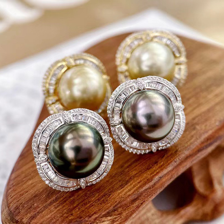 18k黄金色锆石10-11mm海水珍珠耳钉配件轻奢全包围圆形裸珠白金托