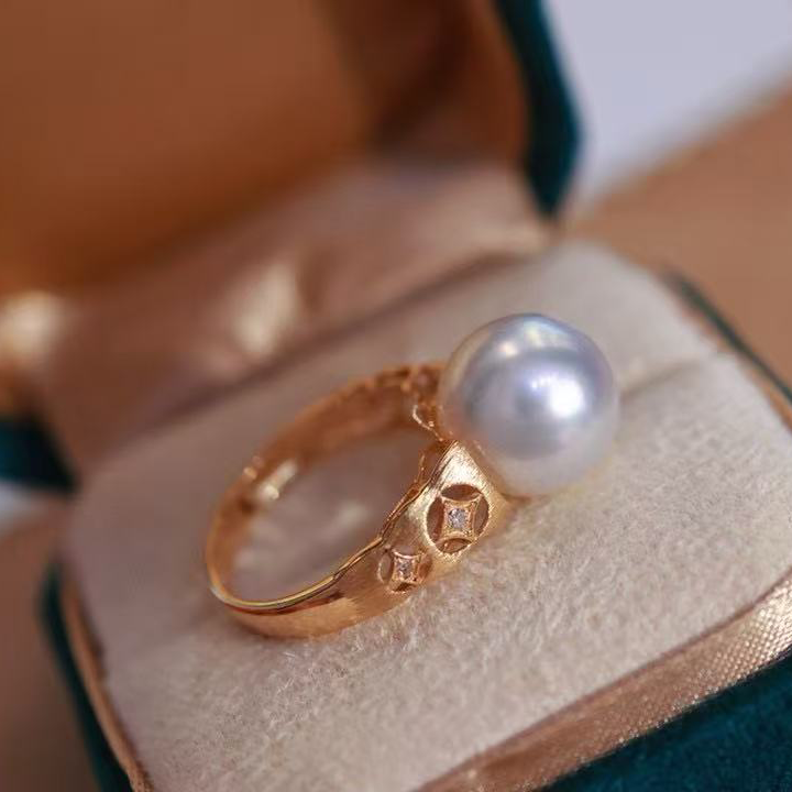 18k金钻石10-11mm淡水珍珠戒指配件简约复古风拉丝设计裸珠空托