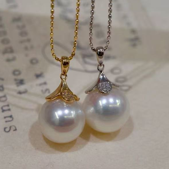 18k金钻石9-11mm海水珍珠吊坠配件优雅大气四叶盖帽裸珠白金空托