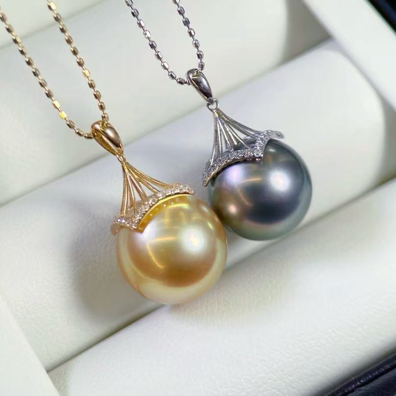 18k金锆石11-13mm海水珍珠吊坠配件精致伞形设计圆形裸珠diy空托