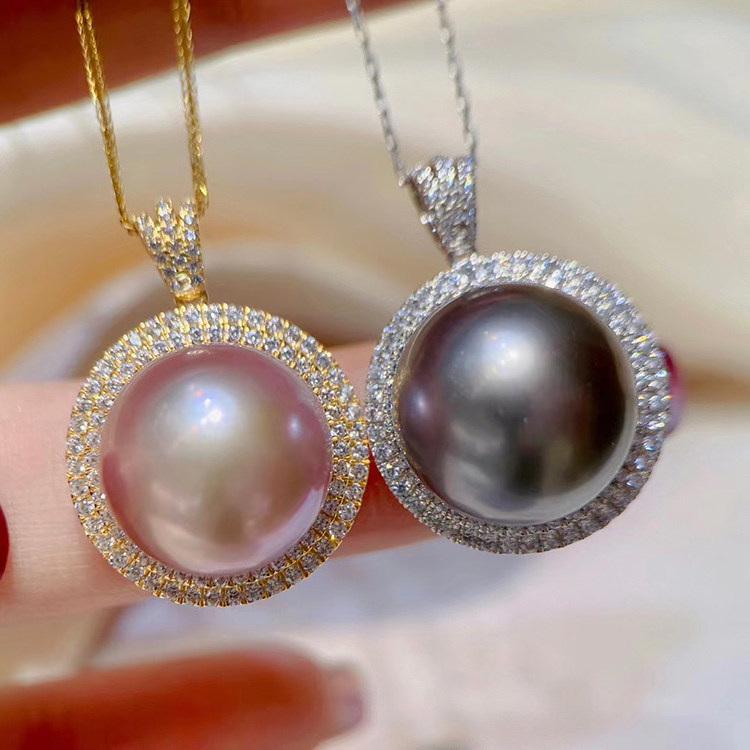 18k黄金色锆石14-15mm淡水珍珠吊坠底托配件大气正圆裸珠白金空托