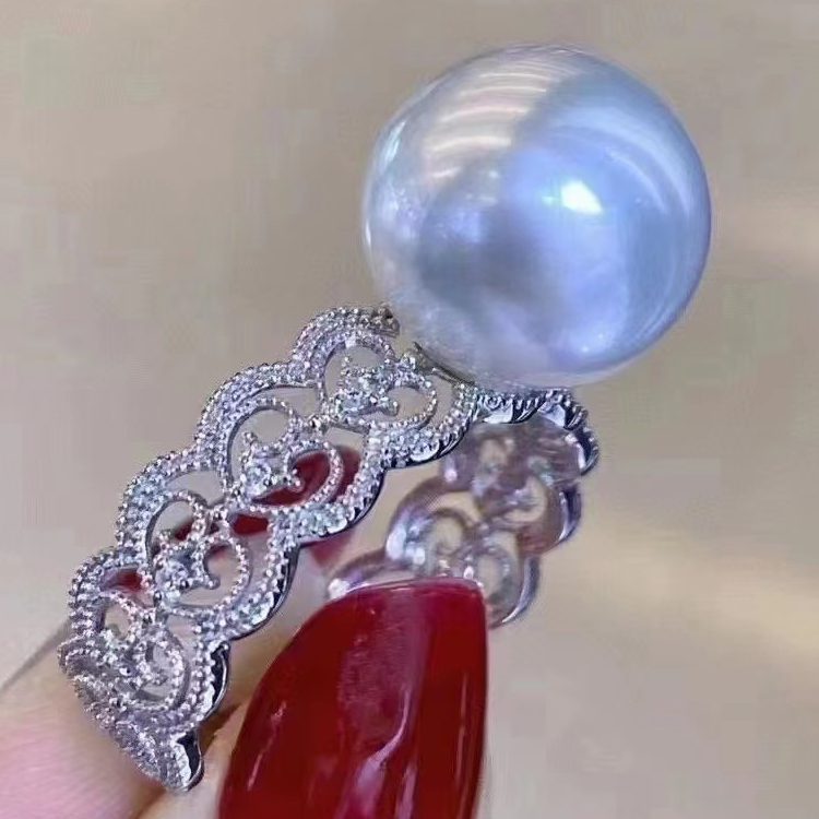 18K白金色钻石11-13MM海水珍珠戒托蕾丝美戒正圆裸珠戒指配件空托