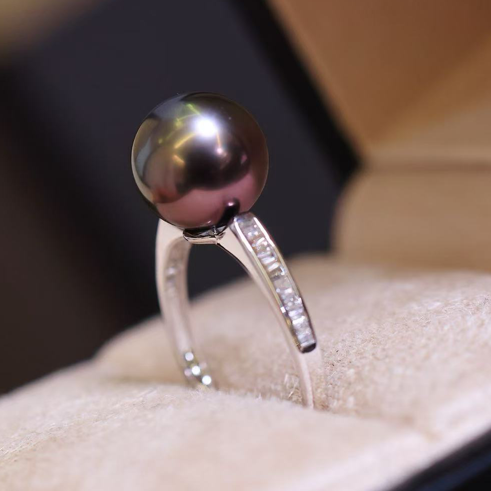 18k金钻石9-10mm淡水珍珠戒指配件轻奢T方钻版圆形裸珠戒托空托