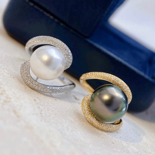 18k金锆石10-13mm海水珍珠戒指配件时尚设计圆形裸珠戒托白金空托