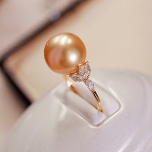 18k金莫桑石12-13mm海水珍珠戒指配件简约大气圆形裸珠白金戒托