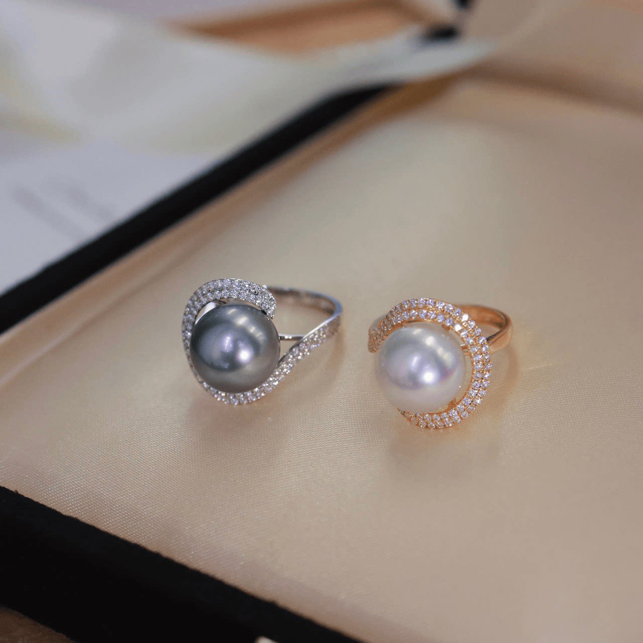 18k金莫桑石12-13mm海水珍珠戒指配件柔美线条系列圆形裸珠空托