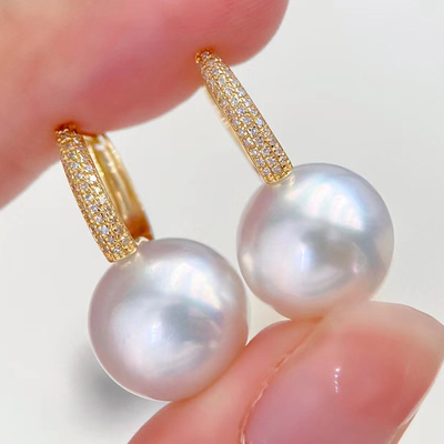 18k金钻石气质水桶珍珠耳钉配件