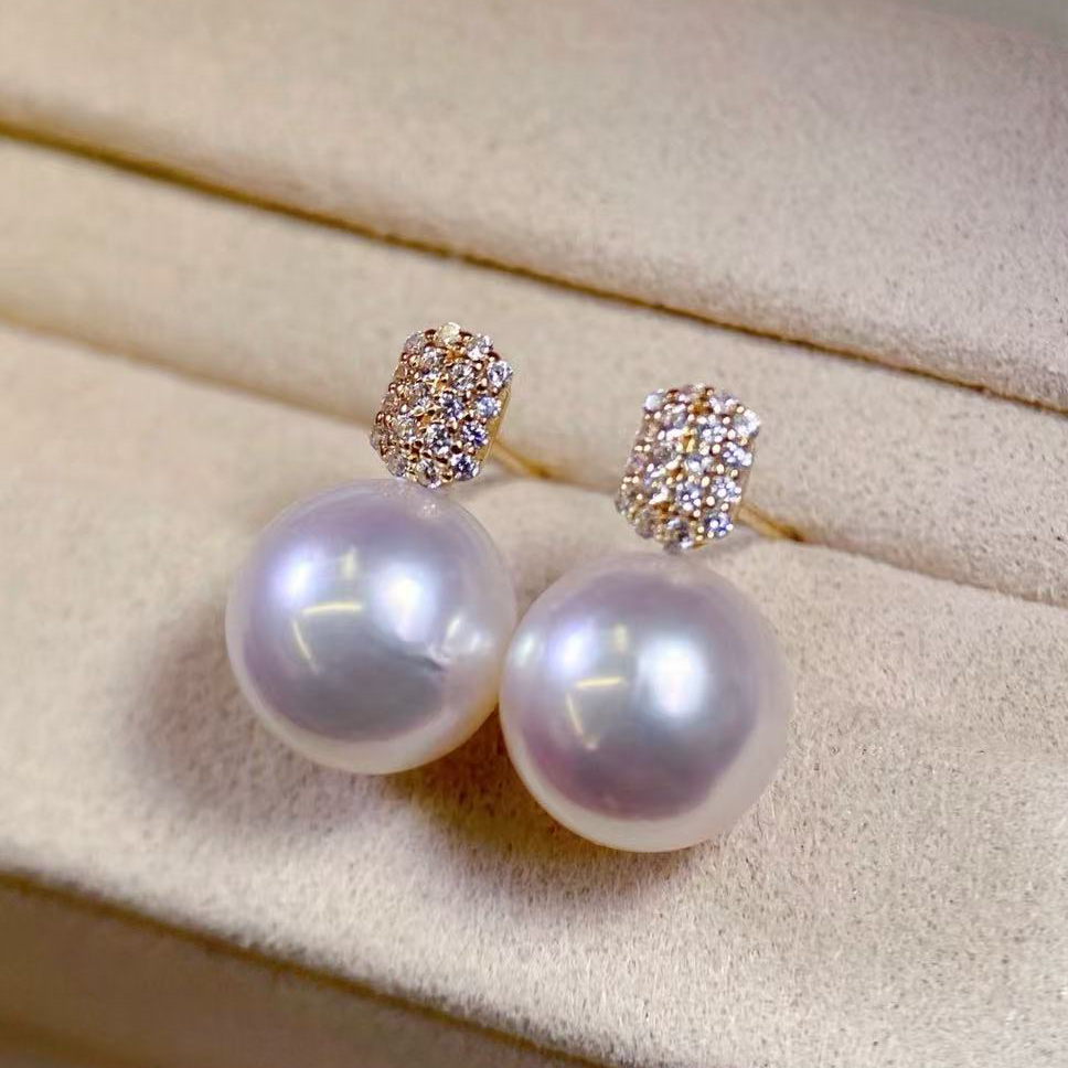 18K金锆石8-10mm海水珍珠耳钉配件精致百搭款圆形裸珠diy耳环空托