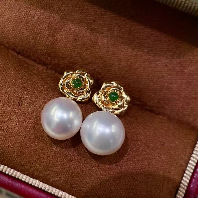 18k金翡翠8-10mm淡水珍珠耳钉配件精致玫瑰花设计圆形裸珠diy空托