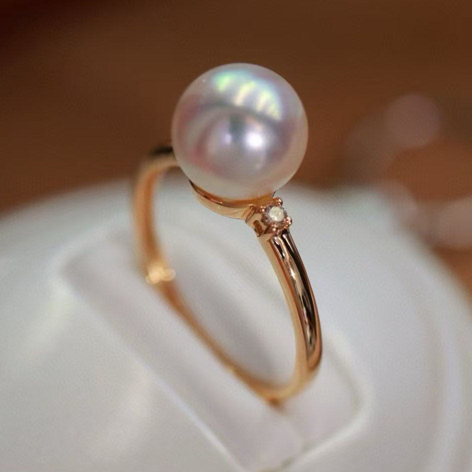 18K金钻石8-9mm淡水珍珠戒指配件精致简约百搭款裸珠diy戒托空托