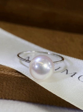 PT900铂金9-10mm天然珍珠DIY戒指配件空托钻石镶嵌简约精致日常款
