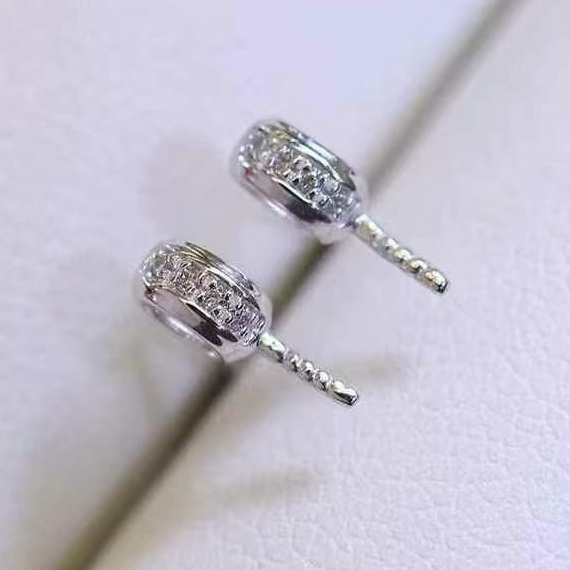 18k金锆石8-11mm海水珍珠耳钉配件简约轮胎设计圆形裸珠diy空托