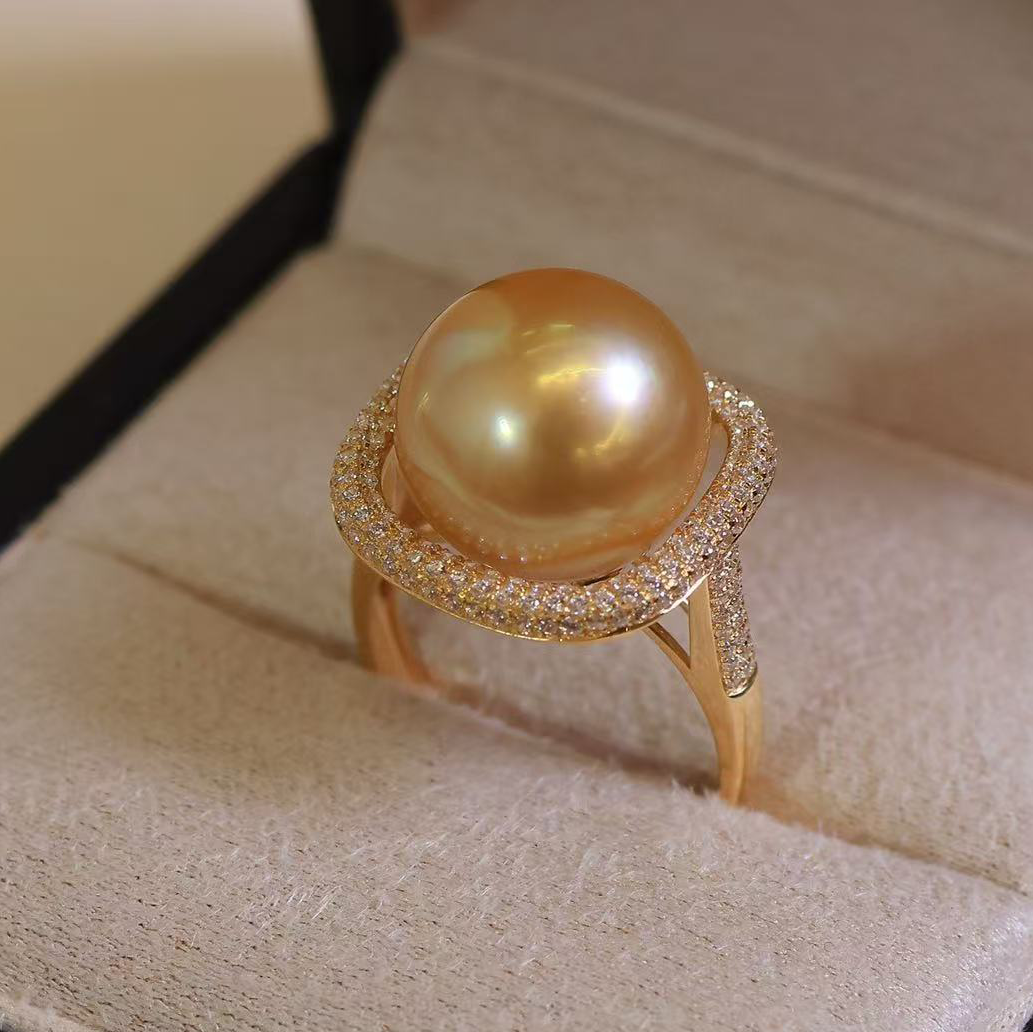 18k金锆石12-13mm淡水珍珠戒指配件经典回形设计正方形戒托空托