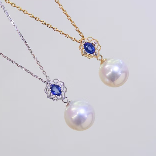 18K金锆石8-12mm淡水珍珠吊坠配件复古印花设计蓝宝款裸珠diy空托