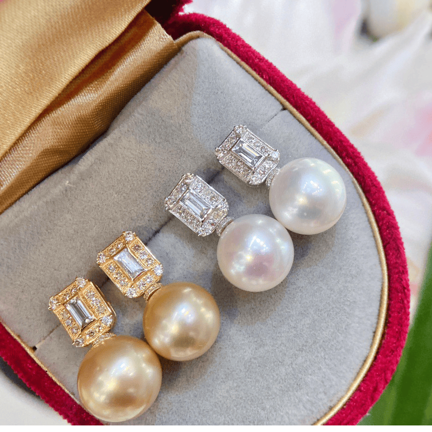 18k金白蓝宝钻石8-12mm海水珍珠耳钉配件高级方糖裸珠耳饰diy空托