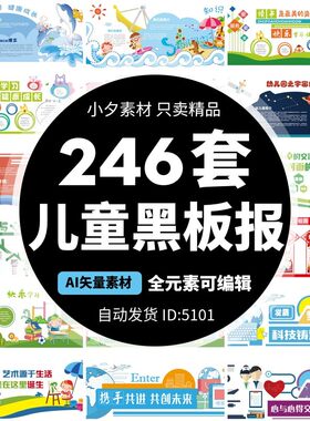 儿童幼儿园小学生学习学校黑板报校园文化墙插画AI矢量设计素材