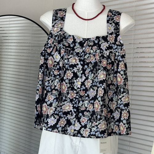 懒猫京玖 进口面料复古花色夏方领系扣无袖吊带背心衬衣现货