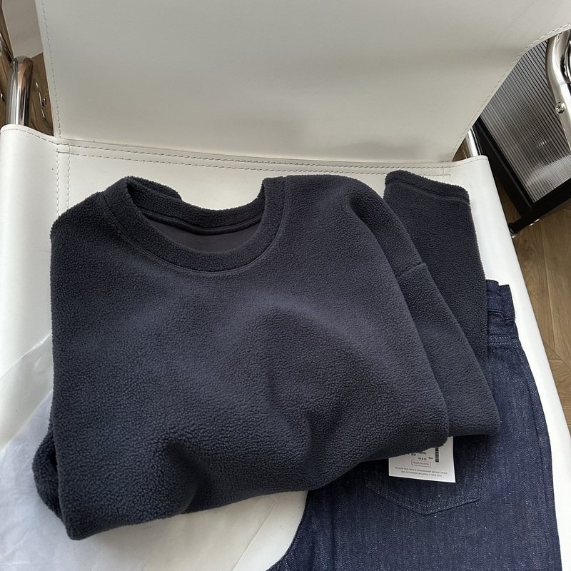 简约圆领宽松廓形毛绒卫衣 洋气灰套头上衣