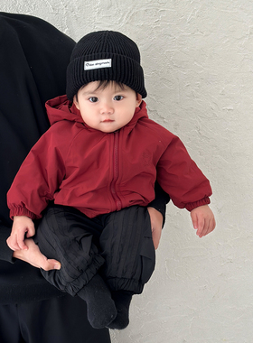冬季宝宝加绒保暖防风冲锋衣儿童外套超洋气红色过年外出婴儿衣服