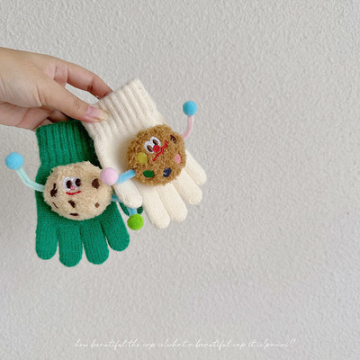 秋冬儿童可爱五指手套冬季宝宝保暖手套糖果色卡通曲奇分指手套