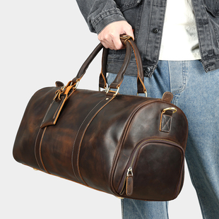 疯马皮真皮手提多用途男士旅行包独立鞋仓免托运真皮行男式李包袋