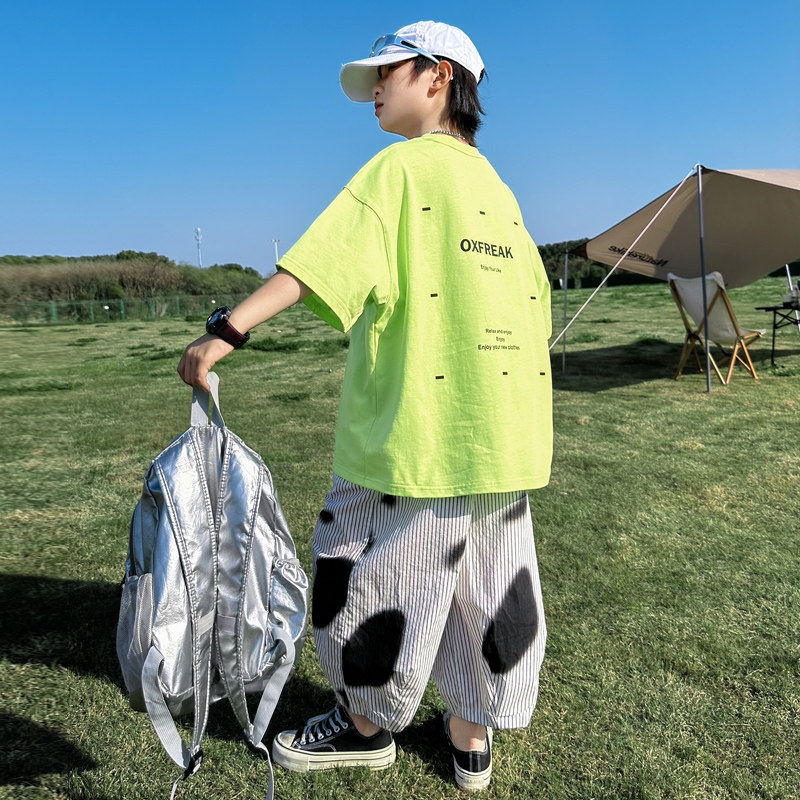 男童短袖T恤套装夏季2026新款中大童儿童夏装薄款防蚊长裤两件套