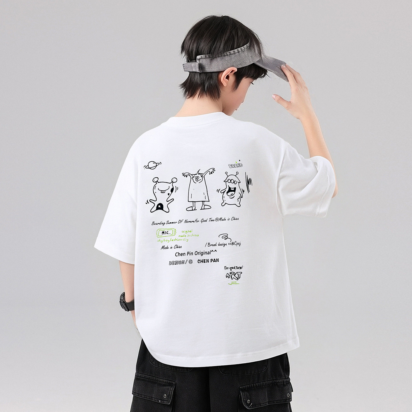 男童白色卡通短袖T恤夏季2026新款中大童儿童夏装宽松上衣男孩潮t