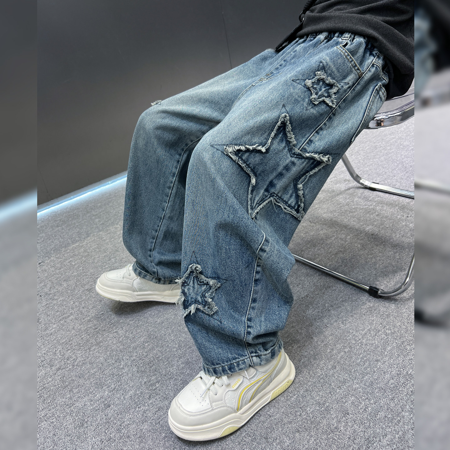 男童春秋潮酷宽松直筒牛仔裤