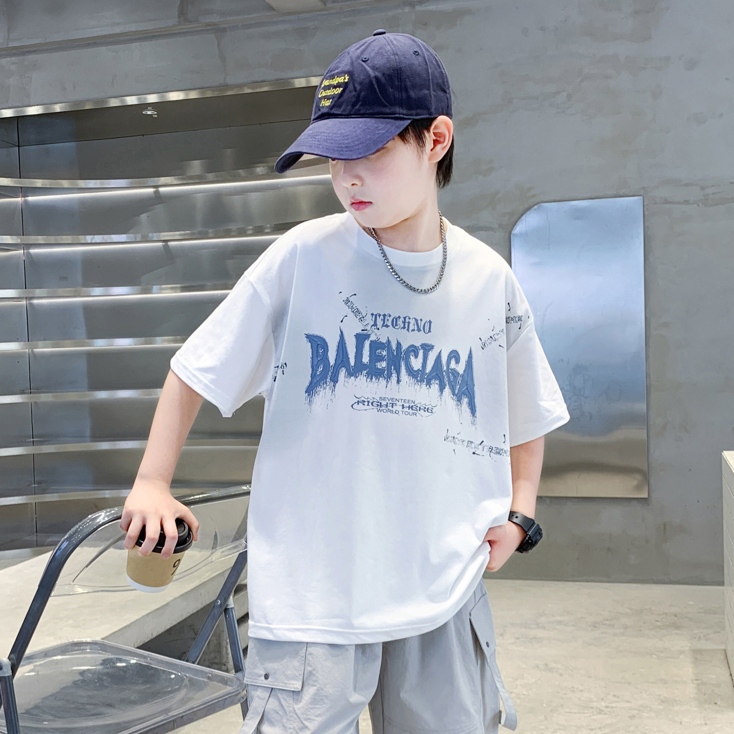 男童白色字母短袖T恤套装夏季2026新款中大童儿童夏装上衣男孩潮t