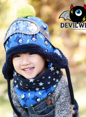 韩国devilwing正品包邮男女儿童冬季加绒护耳帽飞行员帽围脖套装