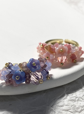 茵娜原创手工饰品捷克琉璃复古草莓牛奶花朵水晶开口戒指 指环