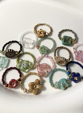 茵娜 小众原创复古vintage捷克珠美拉德风古董串珠弹力叠戴戒指