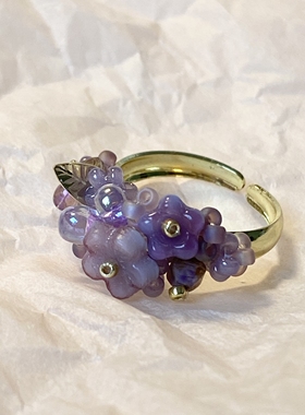 茵娜原创手工复古莓紫色花朵水晶开口戒指 小众轻奢饰品指环