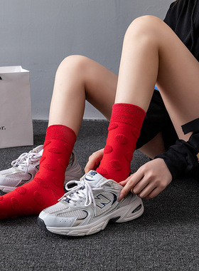 反穿拉毛袜子女秋冬季仙人掌毛巾圈纯绿色棉圆点大红新年中筒潮袜