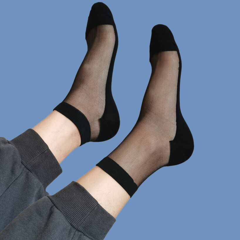 袜子男款夏季超薄水晶冰丝玻璃丝短款薄款黑色夏天棉底男士丝袜