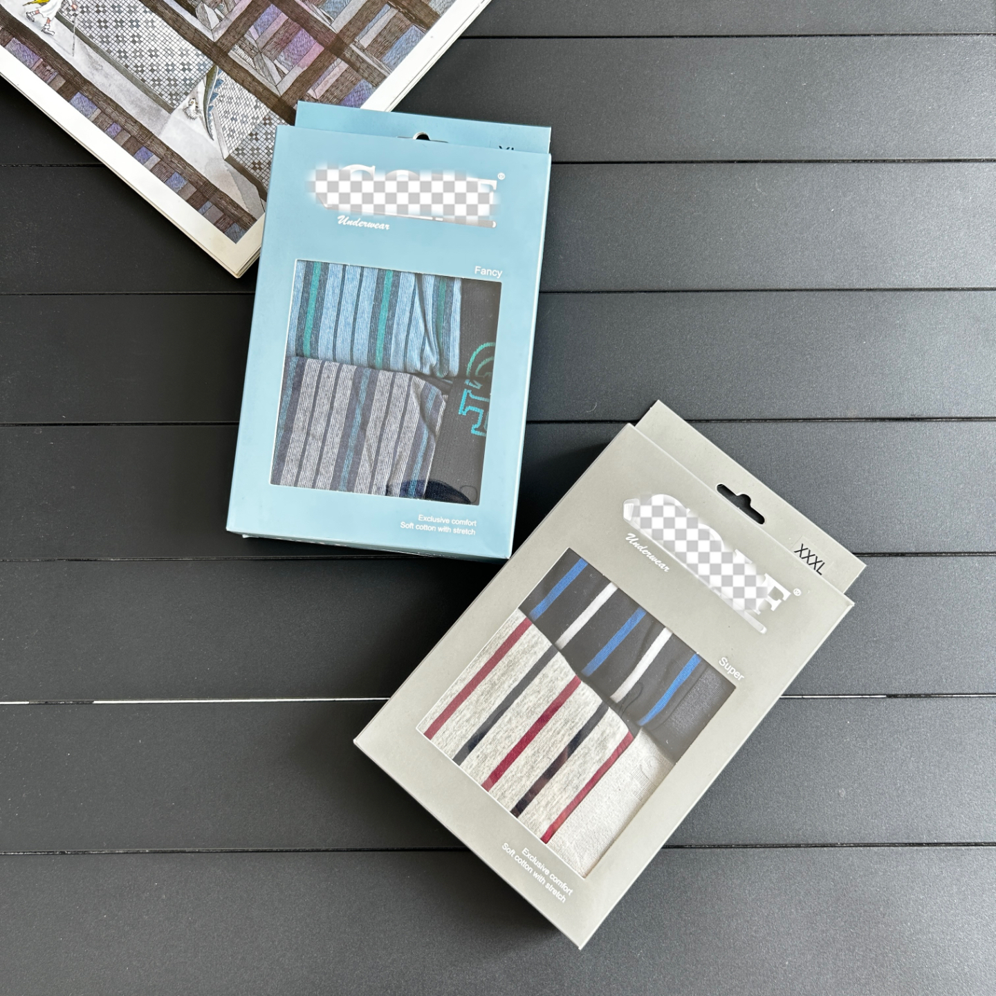 一盒2件装 外贸欧美单剩余男士平角裤头舒适透气吸汗条纹四角内裤