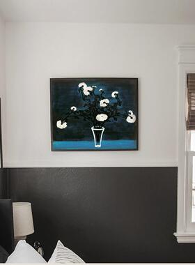 现代中式手绘油画SANYU常玉的花有框装饰咖啡厅餐厅挂画 蓝色星辰