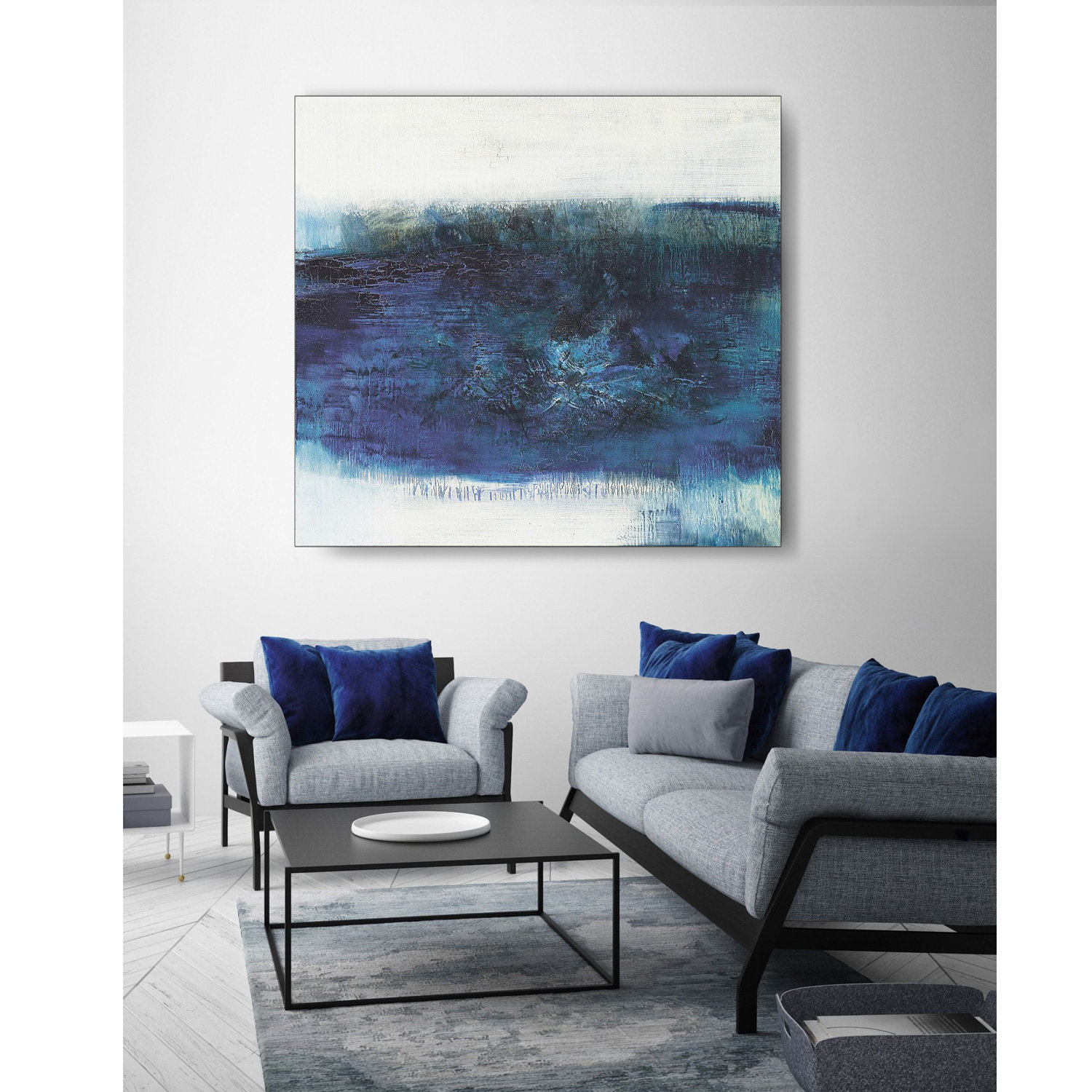 手绘仿赵无极蓝色抽象油画装饰画