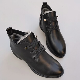 冬季真皮纯羊毛中跟女鞋外贸小圆尖头层牛皮保暖大棉工装通勤短靴