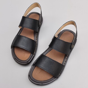 夏季真皮纯皮男士凉拖鞋外贸透气软底原单线缝制爸爸头层牛皮凉鞋