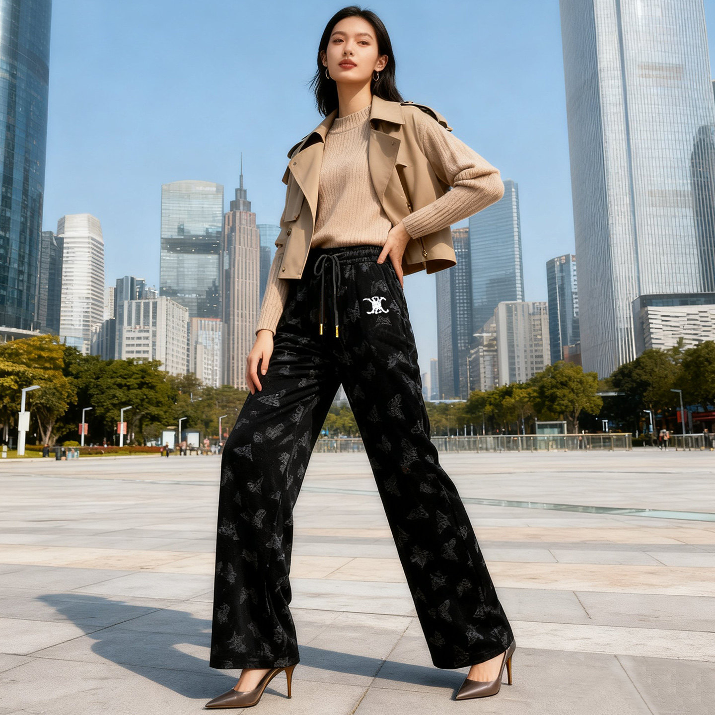 蝴蝶印花丝绒直筒阔腿裤女