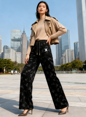 2025秋冬新款蝴蝶印花阔腿裤女黑色休闲松弛感显瘦百搭丝绒直筒裤
