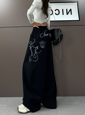 重工刺绣休闲裤女秋冬新款时尚百搭气质宽松直筒垂感阔腿裤