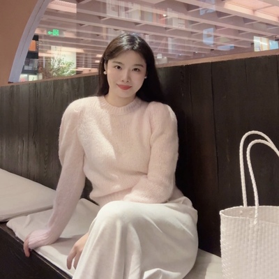 2025秋冬新款女装粉色毛衣女宽松圆领套头打底衫