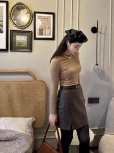 秋冬复古PU皮半裙皮带装饰时髦日常高腰A字裙