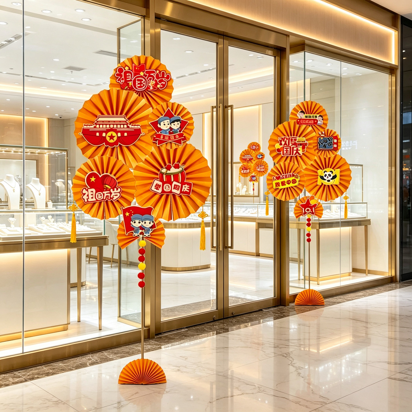 中秋国庆节布置纸扇花立柱十一活动幼儿园商场珠宝店铺场景装饰品